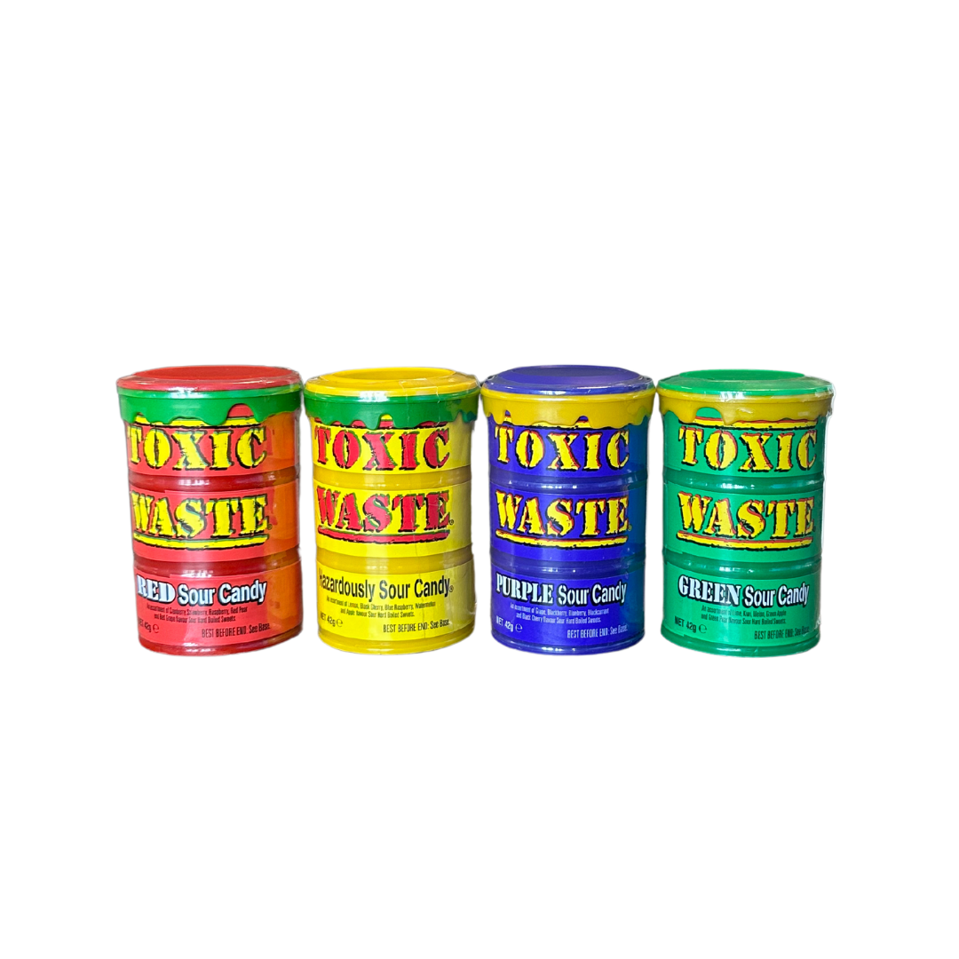 Toxic Waste Sour Candy Pack - Red, Yellow, Purple, Green Drum (42g each tub)